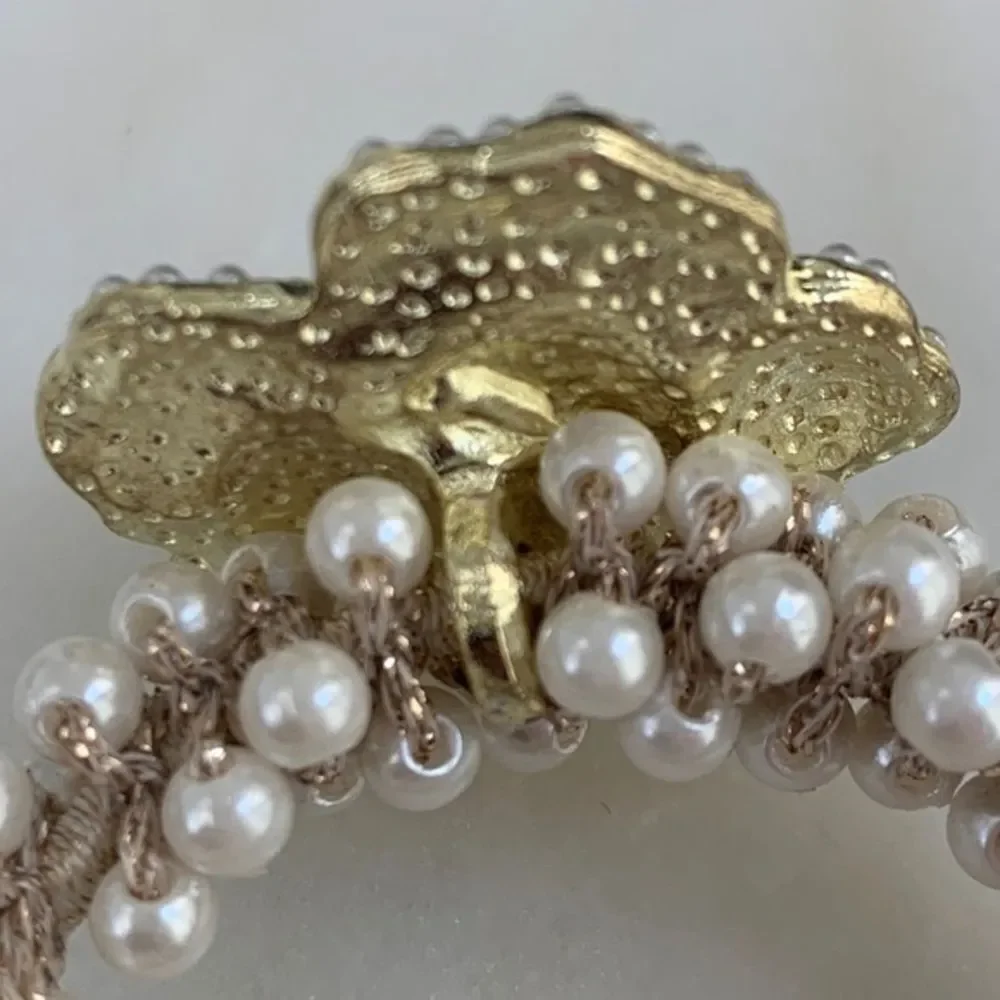 Camellia Flower Hair Tie with Faux Pearls – Black Enamel & Golden Charm